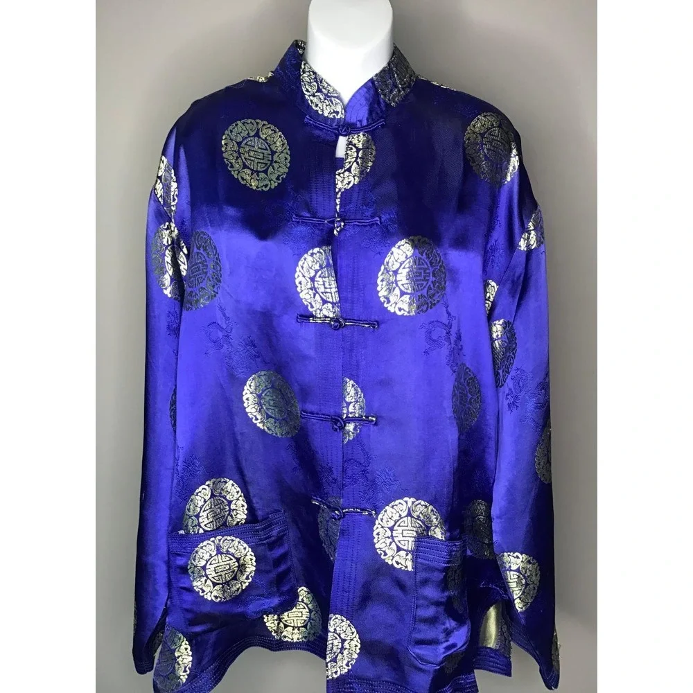 Mens Chinese Traditional Royal Blue Gold Silk Satin Tang‎ Suit Jacket Size XXL